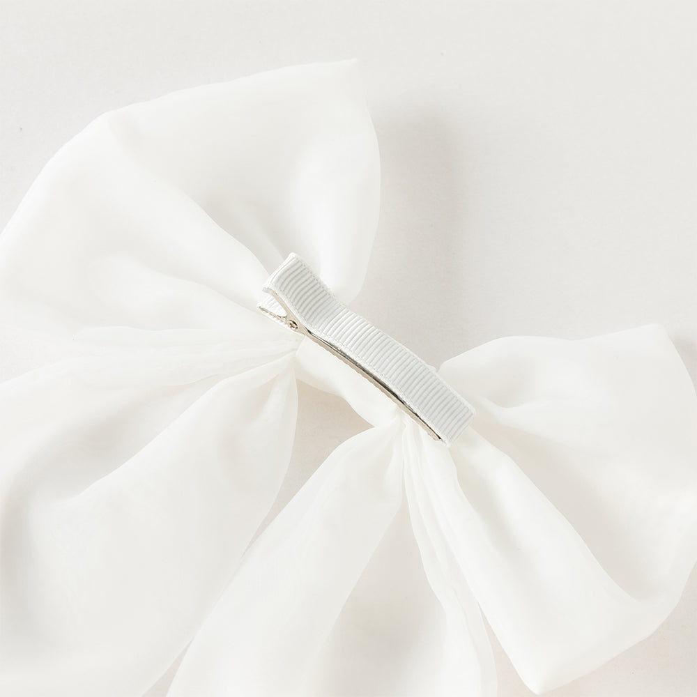 فستان بنات صيفي أبيض من التول بتطريز زهور وأكمام قصيرة (مع مشبك شعر بفيونكة متطابقة)