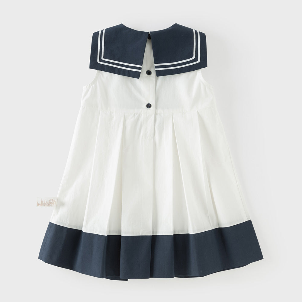 فستان بناتي صيفي قطني بدون أكمام بياقة بحرية أبيض وكحلي