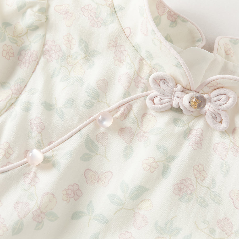 فستان ياقة تشيباو بأكمام قصيرة مطبوع بالزهور للبنات الصغيرات، صيفي، تصميم صيني بطبقات من التول