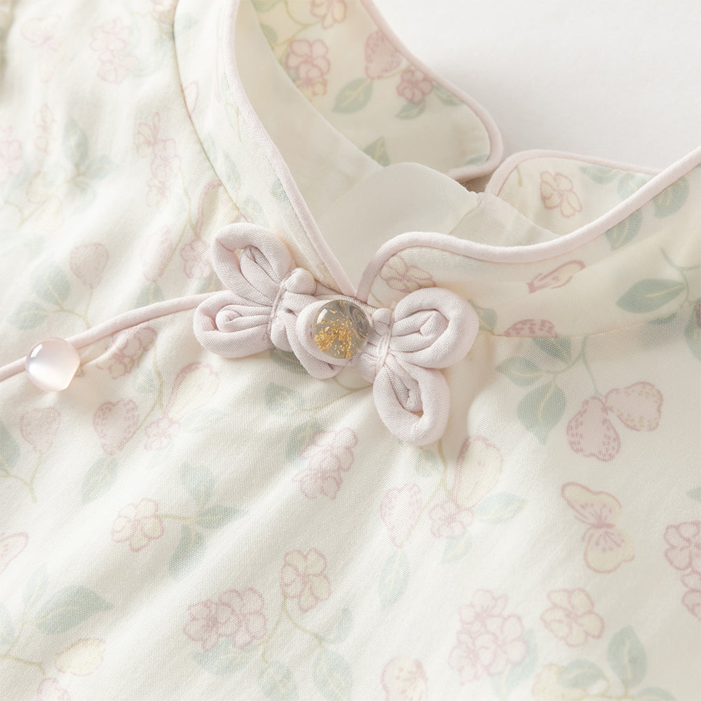 فستان ياقة تشيباو بأكمام قصيرة مطبوع بالزهور للبنات الصغيرات، صيفي، تصميم صيني بطبقات من التول