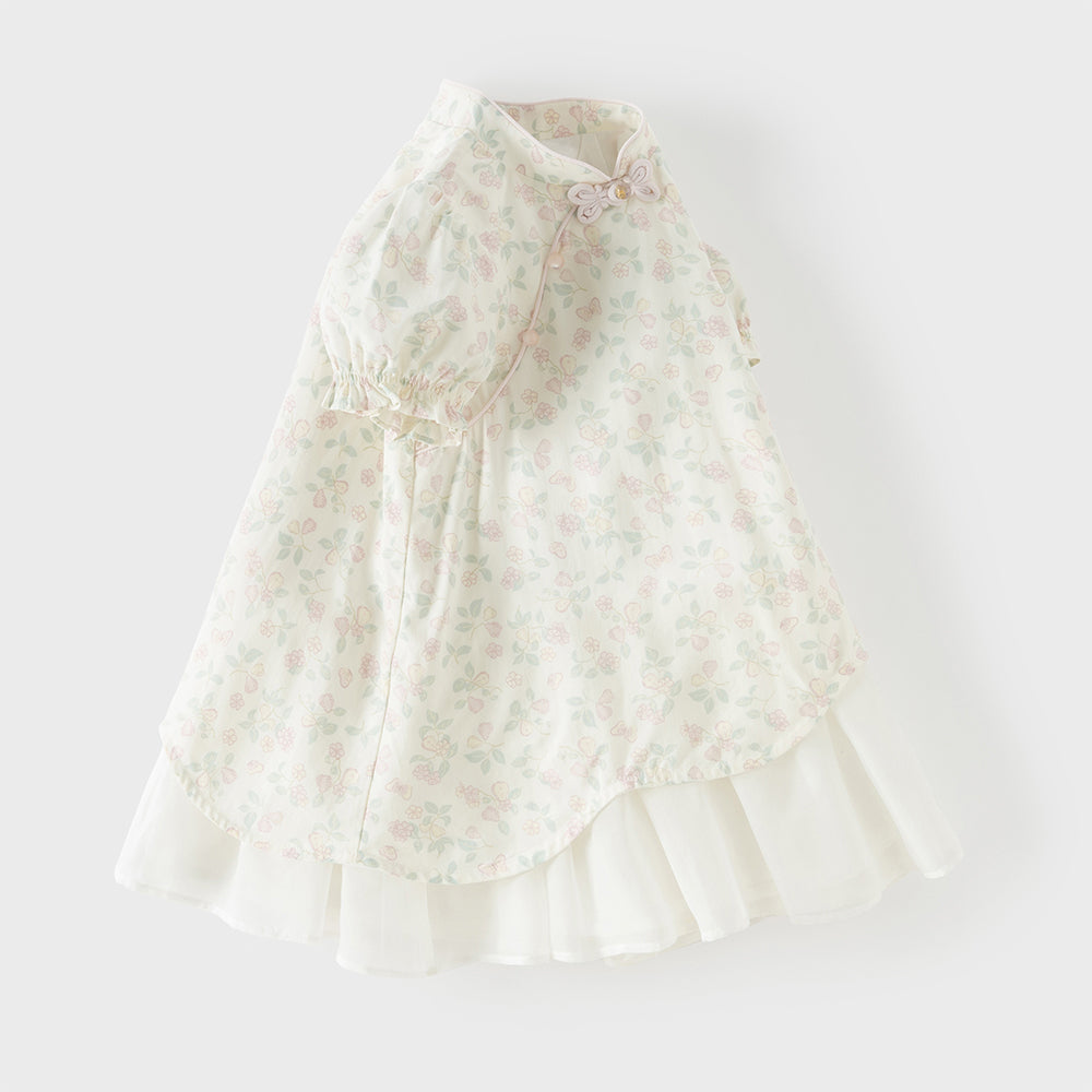فستان ياقة تشيباو بأكمام قصيرة مطبوع بالزهور للبنات الصغيرات، صيفي، تصميم صيني بطبقات من التول