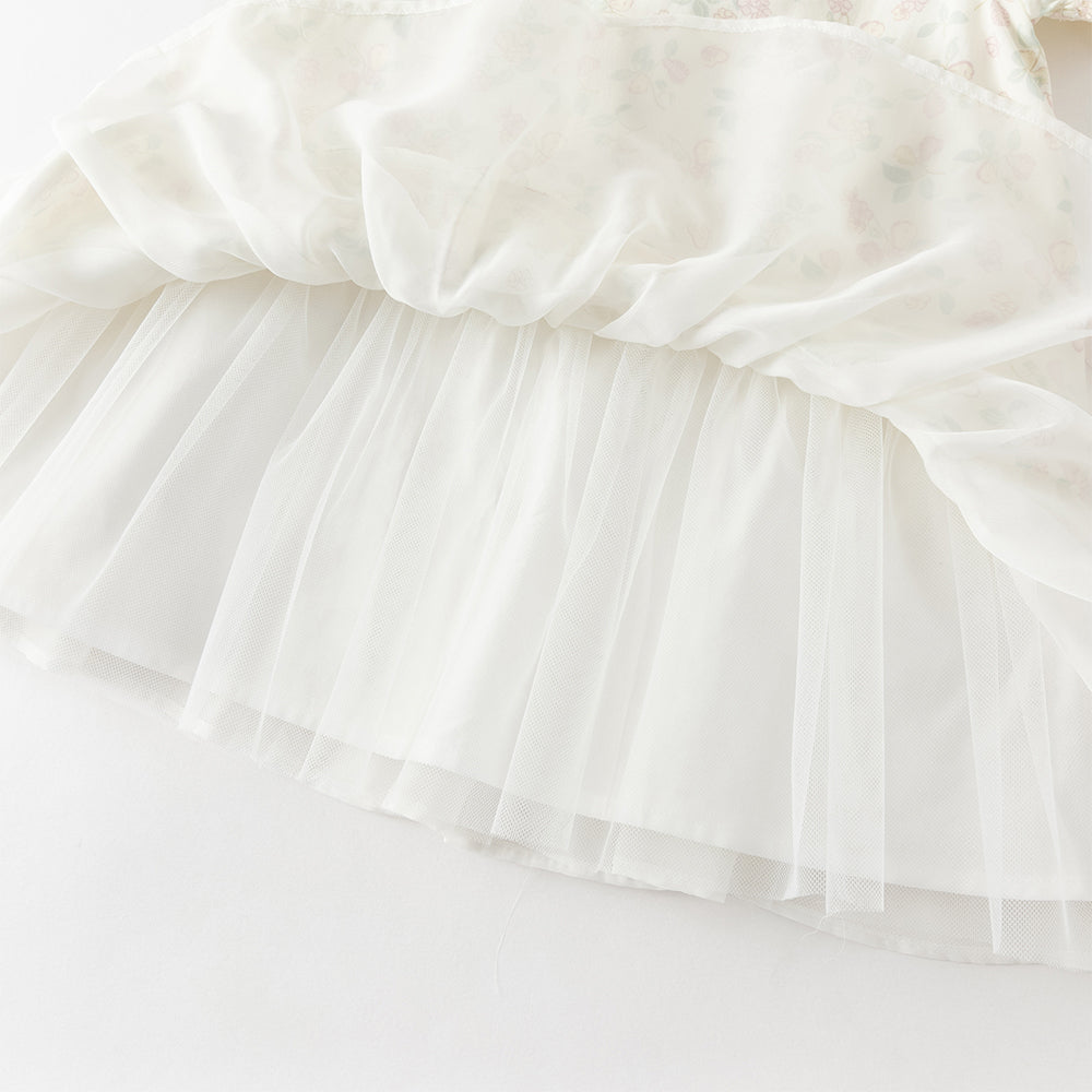 فستان ياقة تشيباو بأكمام قصيرة مطبوع بالزهور للبنات الصغيرات، صيفي، تصميم صيني بطبقات من التول