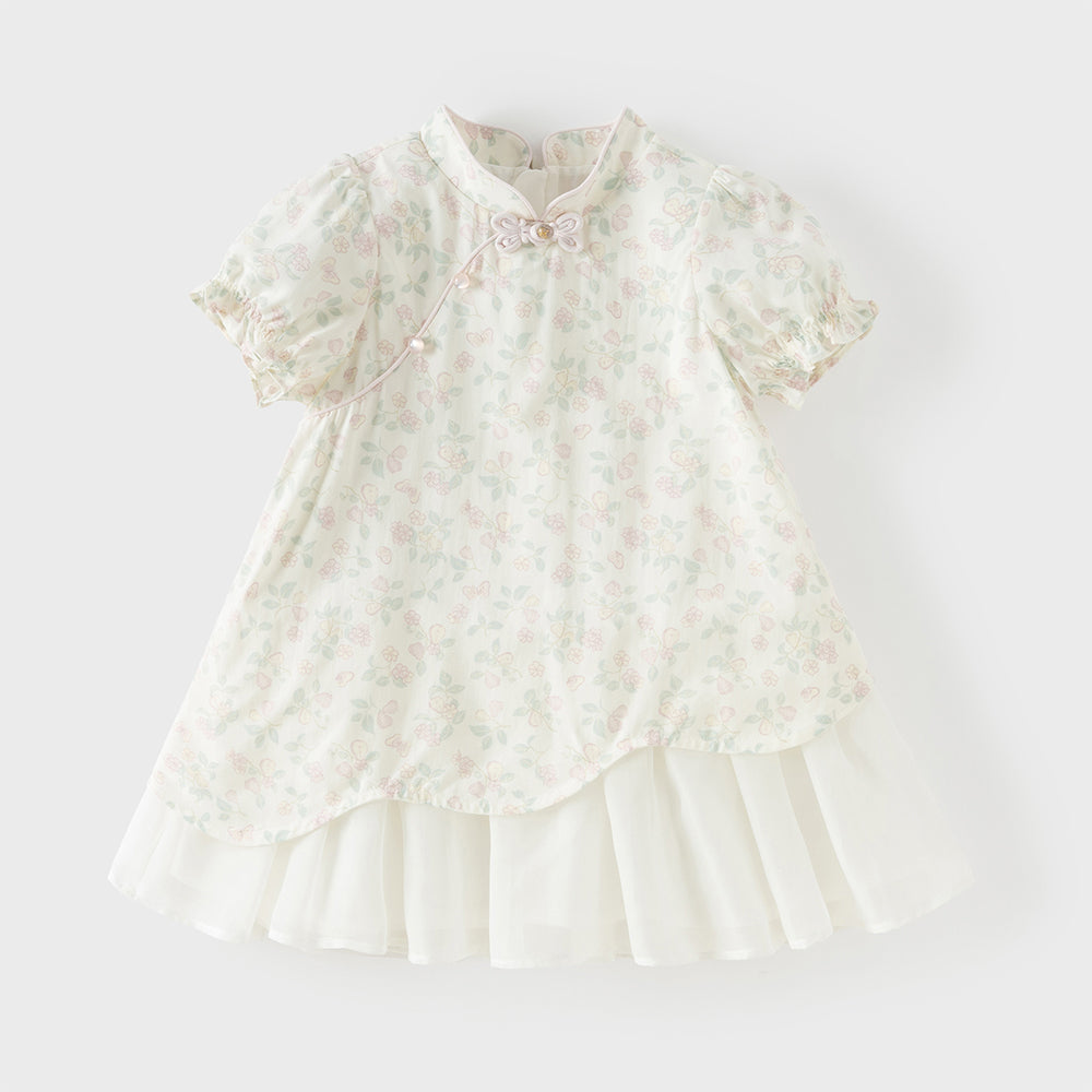 فستان ياقة تشيباو بأكمام قصيرة مطبوع بالزهور للبنات الصغيرات، صيفي، تصميم صيني بطبقات من التول