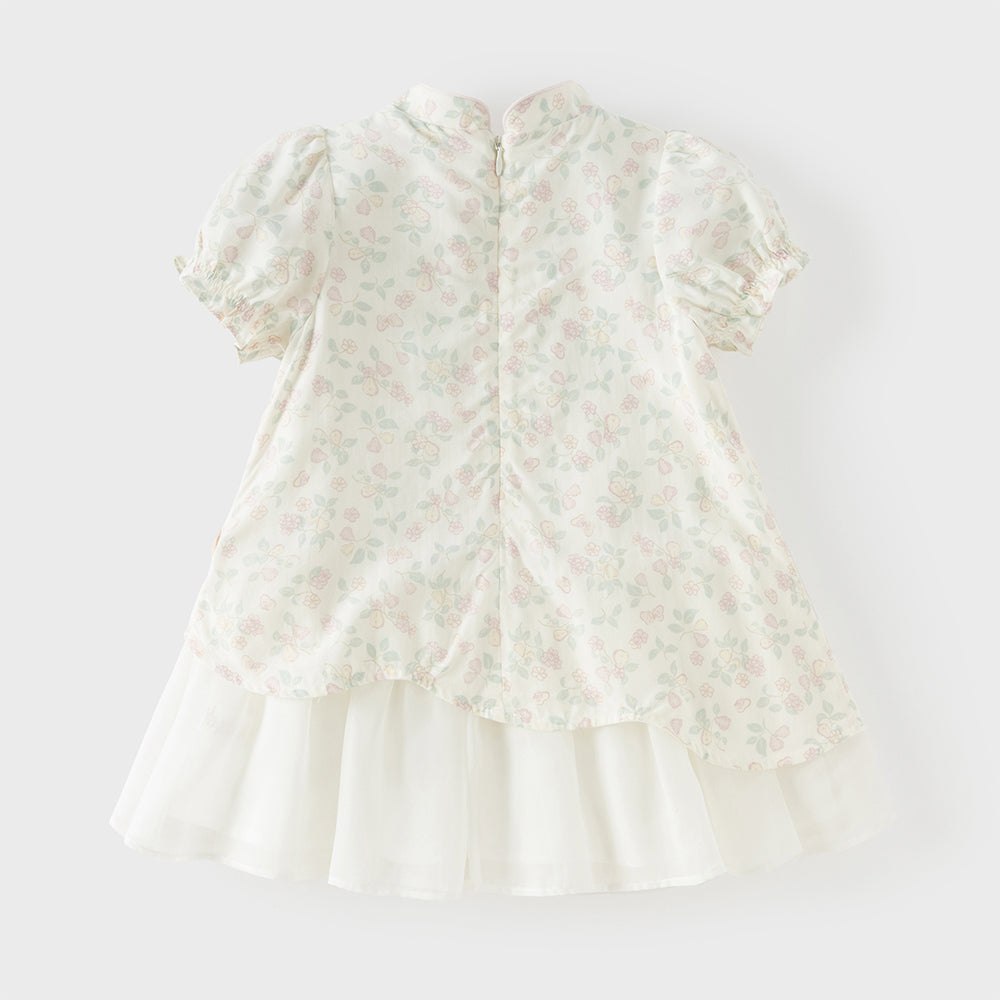 فستان ياقة تشيباو بأكمام قصيرة مطبوع بالزهور للبنات الصغيرات، صيفي، تصميم صيني بطبقات من التول