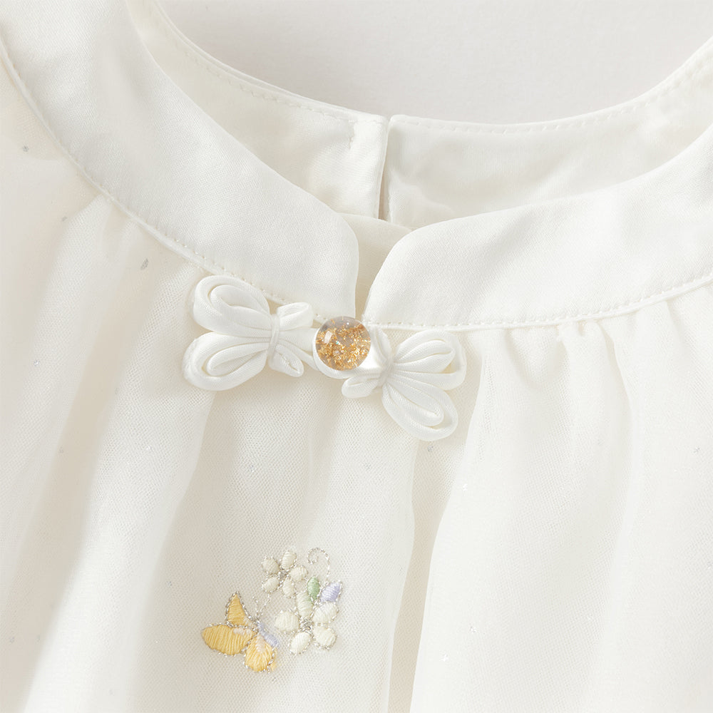 فستان بنات صيفي من التول بلون بيج ووردي فاتح بياقة تشيباو وأكمام قصيرة مع تطريز زهور بأسلوب أميرة