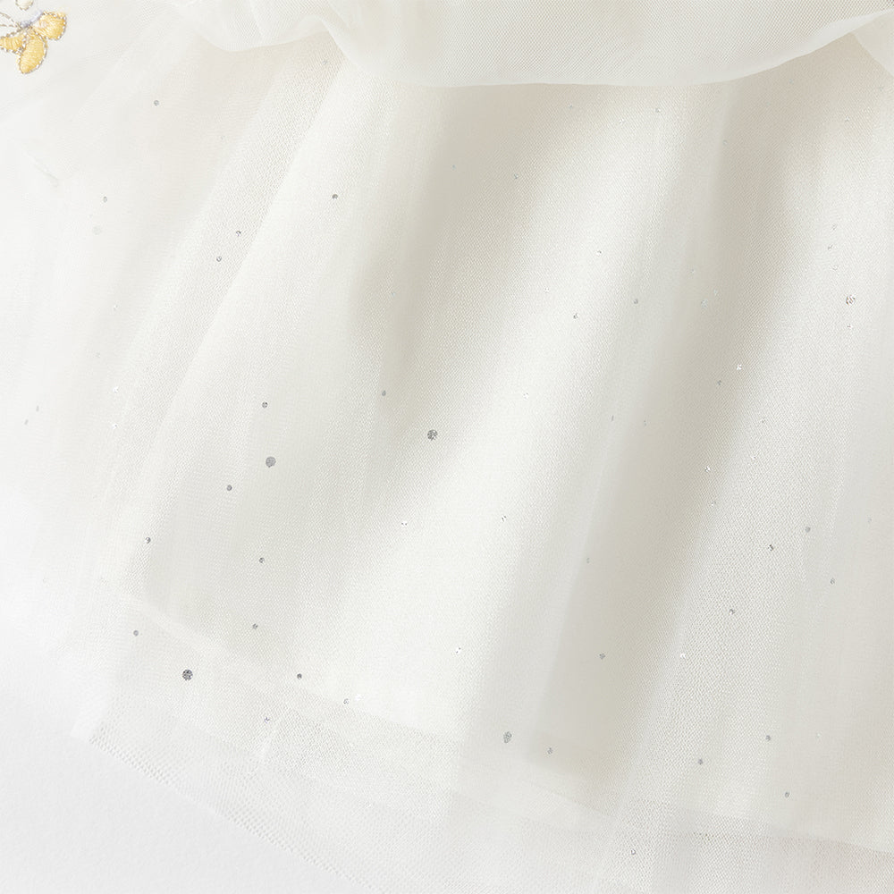 فستان بنات صيفي من التول بلون بيج ووردي فاتح بياقة تشيباو وأكمام قصيرة مع تطريز زهور بأسلوب أميرة