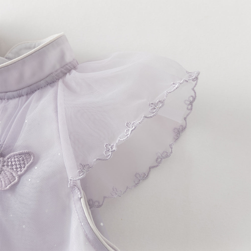 فستان بنات صيفي بنفسجي مطرز بزخارف فراشات من التول - ياقة صينية وتول مع بريق