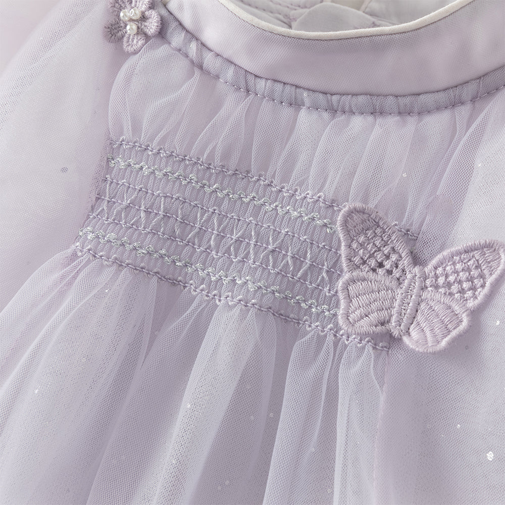 فستان بنات صيفي بنفسجي مطرز بزخارف فراشات من التول - ياقة صينية وتول مع بريق