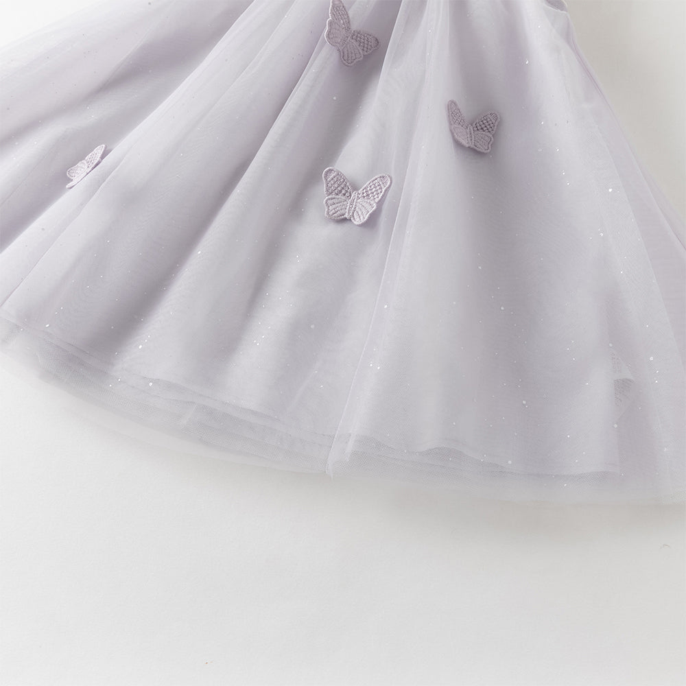 فستان بنات صيفي بنفسجي مطرز بزخارف فراشات من التول - ياقة صينية وتول مع بريق