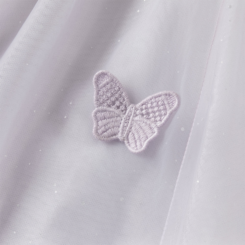 فستان بنات صيفي بنفسجي مطرز بزخارف فراشات من التول - ياقة صينية وتول مع بريق