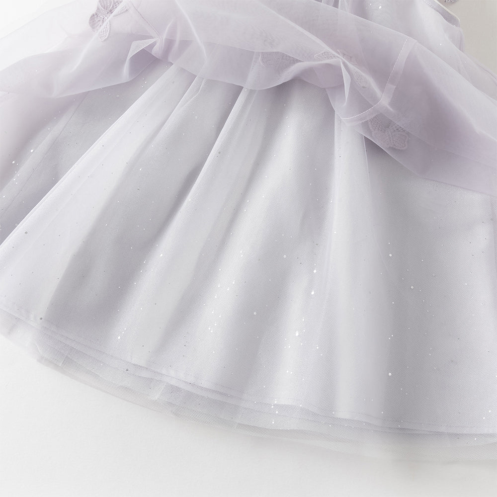 فستان بنات صيفي بنفسجي مطرز بزخارف فراشات من التول - ياقة صينية وتول مع بريق