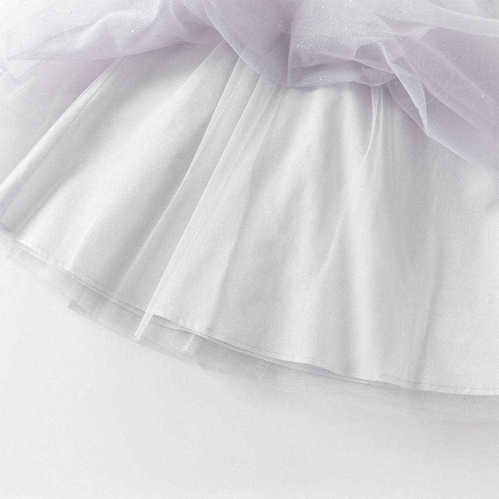 فستان بنات صيفي بنفسجي مطرز بزخارف فراشات من التول - ياقة صينية وتول مع بريق