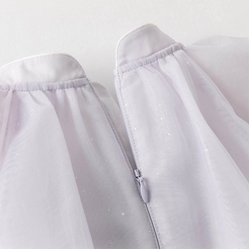 فستان بنات صيفي بنفسجي مطرز بزخارف فراشات من التول - ياقة صينية وتول مع بريق