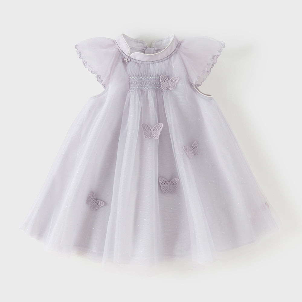 فستان بنات صيفي بنفسجي مطرز بزخارف فراشات من التول - ياقة صينية وتول مع بريق