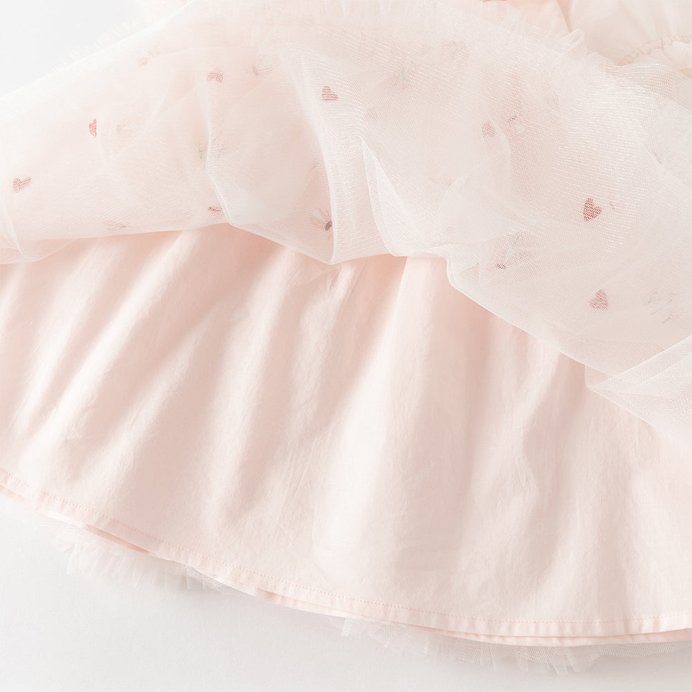 فستان بنات صيفي وردي من التول بتطريز قلوب وزهور (مع حقيبة كروس بودي متطابقة)