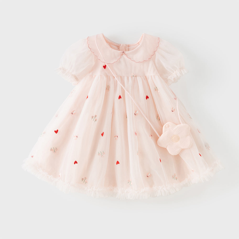 فستان بنات صيفي وردي من التول بتطريز قلوب وزهور (مع حقيبة كروس بودي متطابقة)