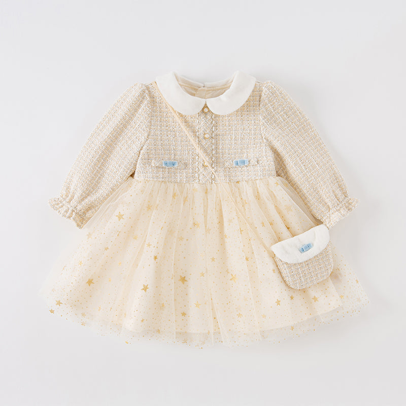 فستان للأطفال بأكمام طويلة من قماش تويد بلون أبيض حليبي مع تنورة من التول، بتصميم كلاسيكي أنيق