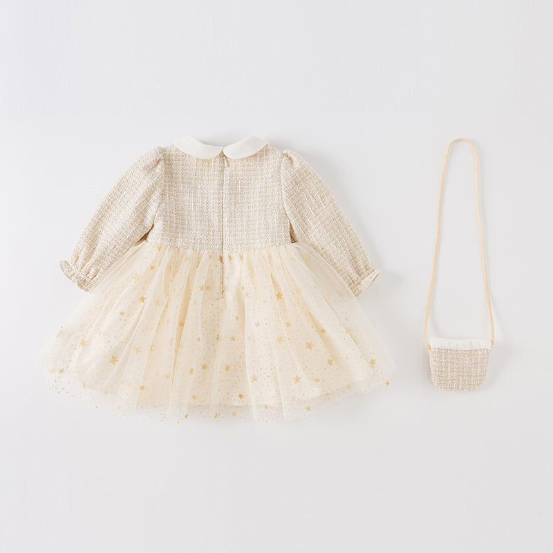 فستان للأطفال بأكمام طويلة من قماش تويد بلون أبيض حليبي مع تنورة من التول، بتصميم كلاسيكي أنيق