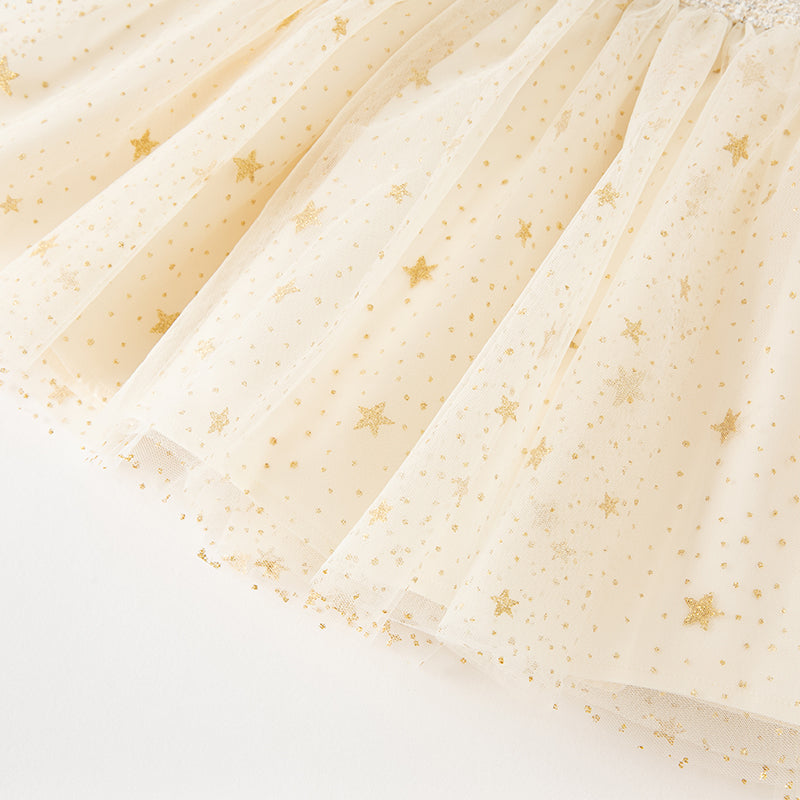 فستان للأطفال بأكمام طويلة من قماش تويد بلون أبيض حليبي مع تنورة من التول، بتصميم كلاسيكي أنيق