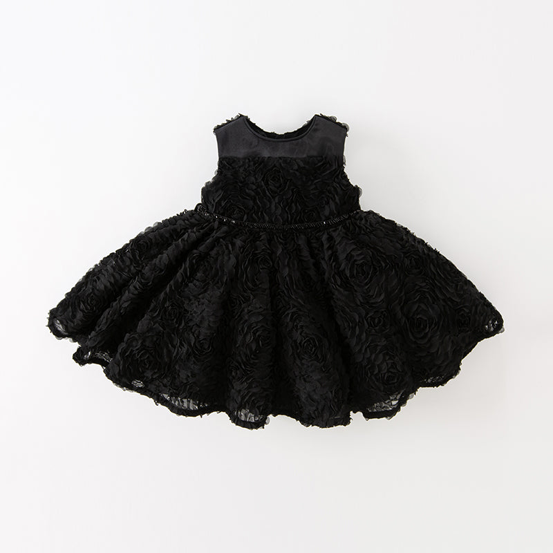 فستان أميرة للبنات الصغيرات بدون أكمام من التول الأسود بتصميم فاخر مزين بتفاصيل دقيقة وزهور ثلاثية الأبعاد