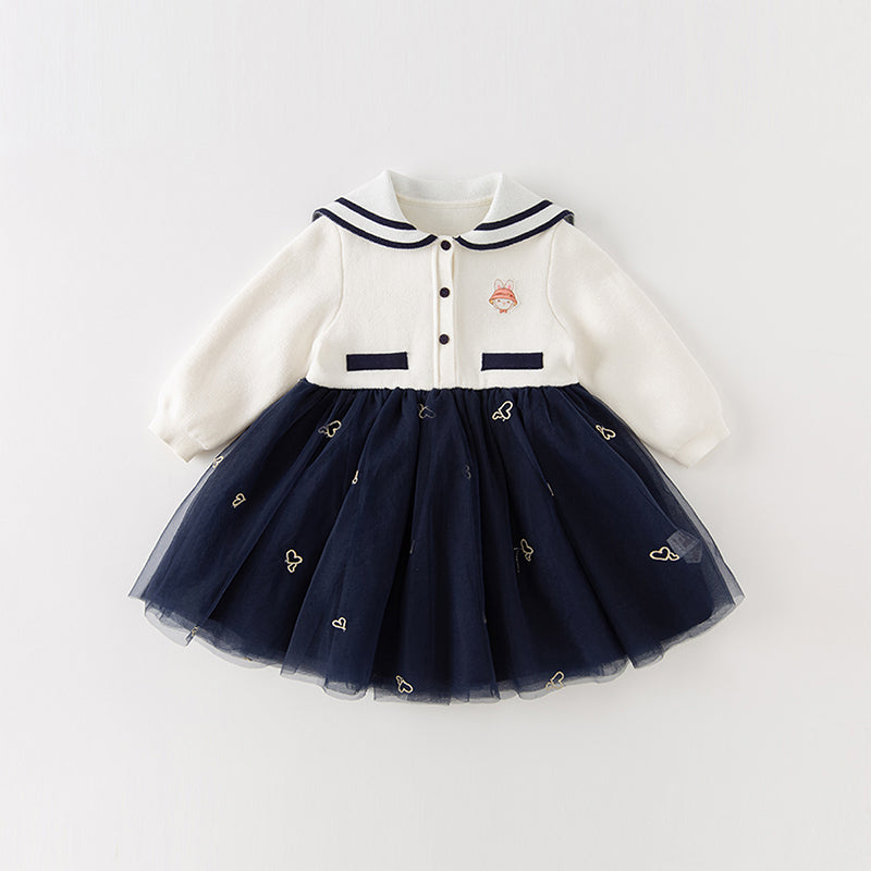 فستان بنات طويل الأكمام من قماش محبوك باللون البيج مع تنورة تول بأسلوب أميرة