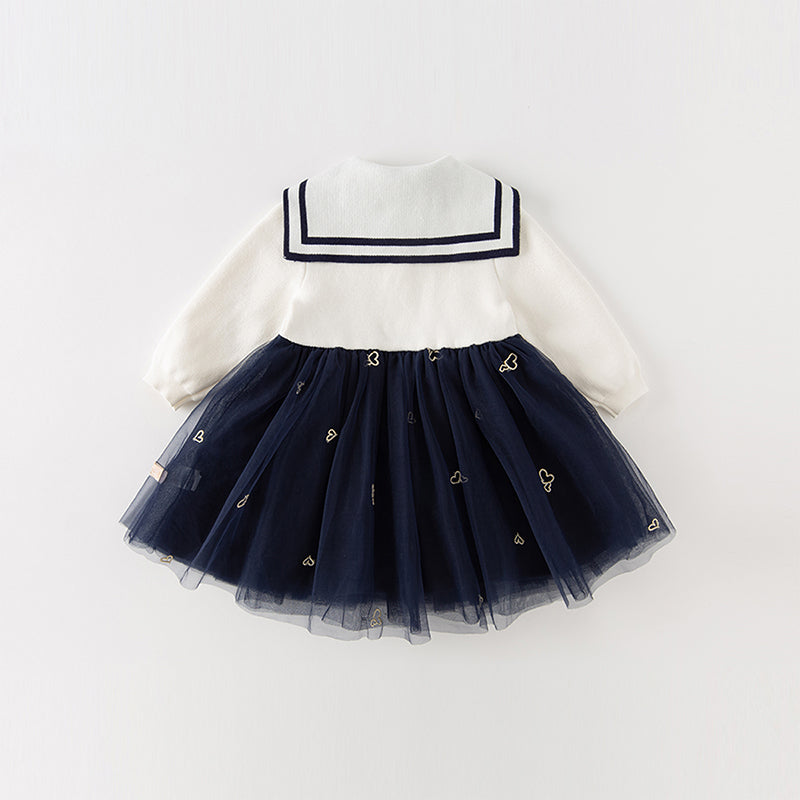 فستان بنات طويل الأكمام من قماش محبوك باللون البيج مع تنورة تول بأسلوب أميرة