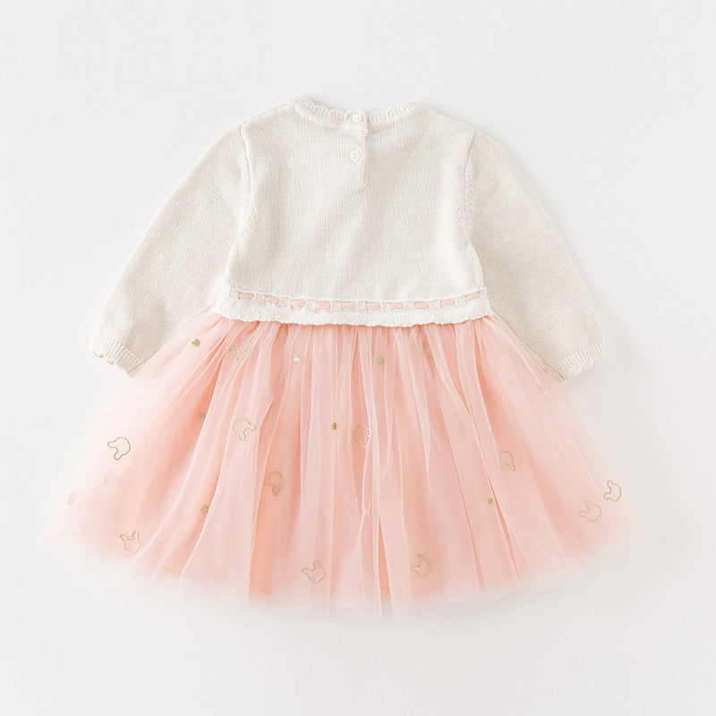 فستان بنات طويل الأكمام باللون الوردي الرمادي من القماش المحبوك مع تنورة تول منفوشة بأسلوب أميرة