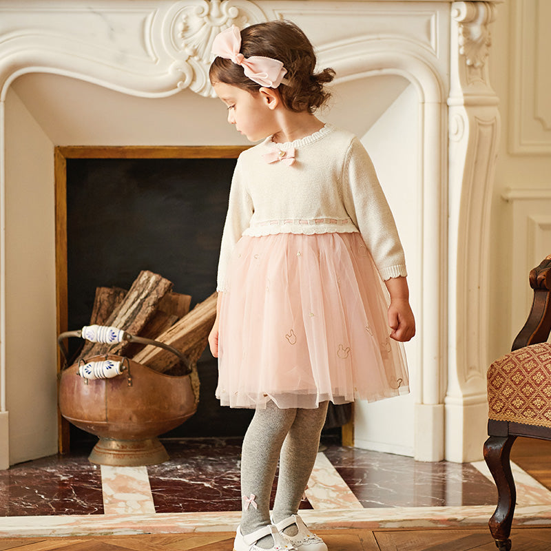 فستان بنات طويل الأكمام باللون الوردي الرمادي من القماش المحبوك مع تنورة تول منفوشة بأسلوب أميرة