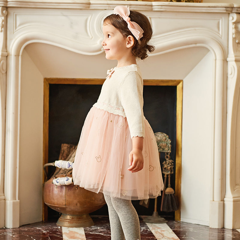 فستان بنات طويل الأكمام باللون الوردي الرمادي من القماش المحبوك مع تنورة تول منفوشة بأسلوب أميرة