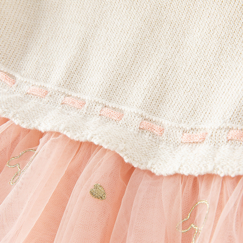 فستان بنات طويل الأكمام باللون الوردي الرمادي من القماش المحبوك مع تنورة تول منفوشة بأسلوب أميرة