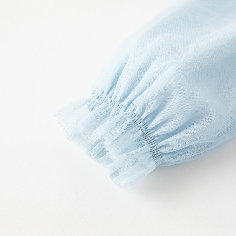 فستان للبنات الصغيرات بأكمام طويلة من التول الأزرق بتصميم صيني جديد مع عناصر أرنب (يشمل حقيبة كروس)