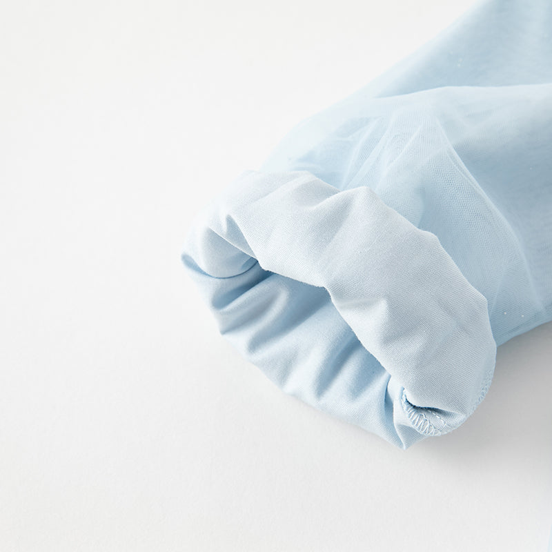 فستان للبنات الصغيرات بأكمام طويلة من التول الأزرق بتصميم صيني جديد مع عناصر أرنب (يشمل حقيبة كروس)