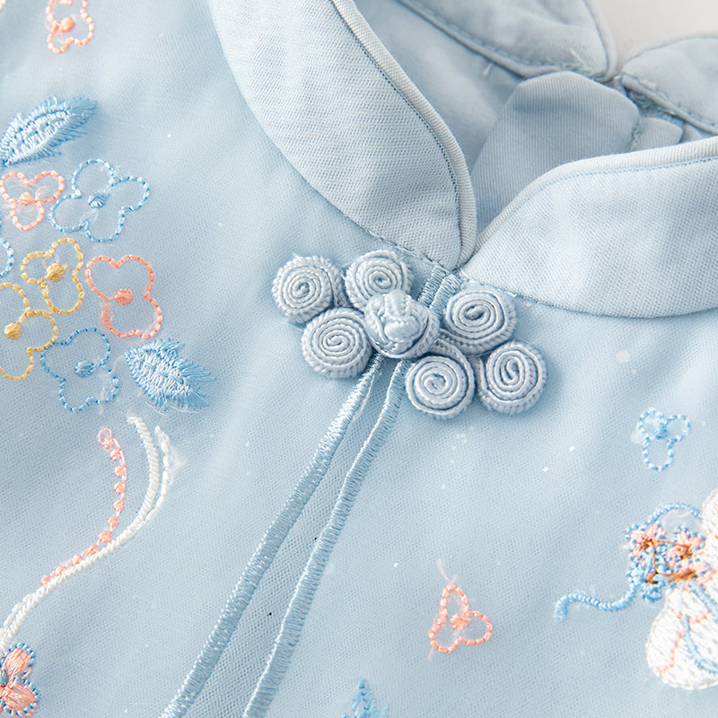 فستان للبنات الصغيرات بأكمام طويلة من التول الأزرق بتصميم صيني جديد مع عناصر أرنب (يشمل حقيبة كروس)