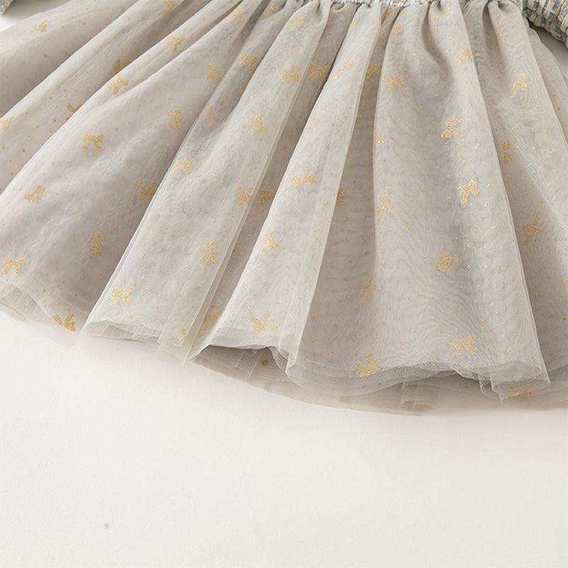 فستان بنات بأكمام طويلة باللون الأزرق الفاتح من قماش تويد محبوك مع تنورة تول بأسلوب أميرة (يشمل حقيبة كروس)