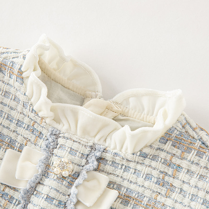 فستان بنات بأكمام طويلة باللون الأزرق الفاتح من قماش تويد محبوك مع تنورة تول بأسلوب أميرة (يشمل حقيبة كروس)