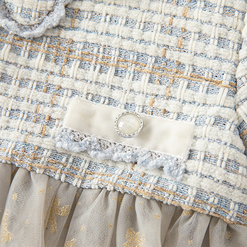 فستان بنات بأكمام طويلة باللون الأزرق الفاتح من قماش تويد محبوك مع تنورة تول بأسلوب أميرة (يشمل حقيبة كروس)