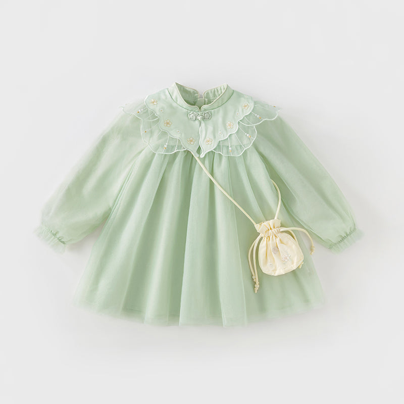 فستان بنات طويل الأكمام من التول باللون الأخضر بأسلوب صيني عصري