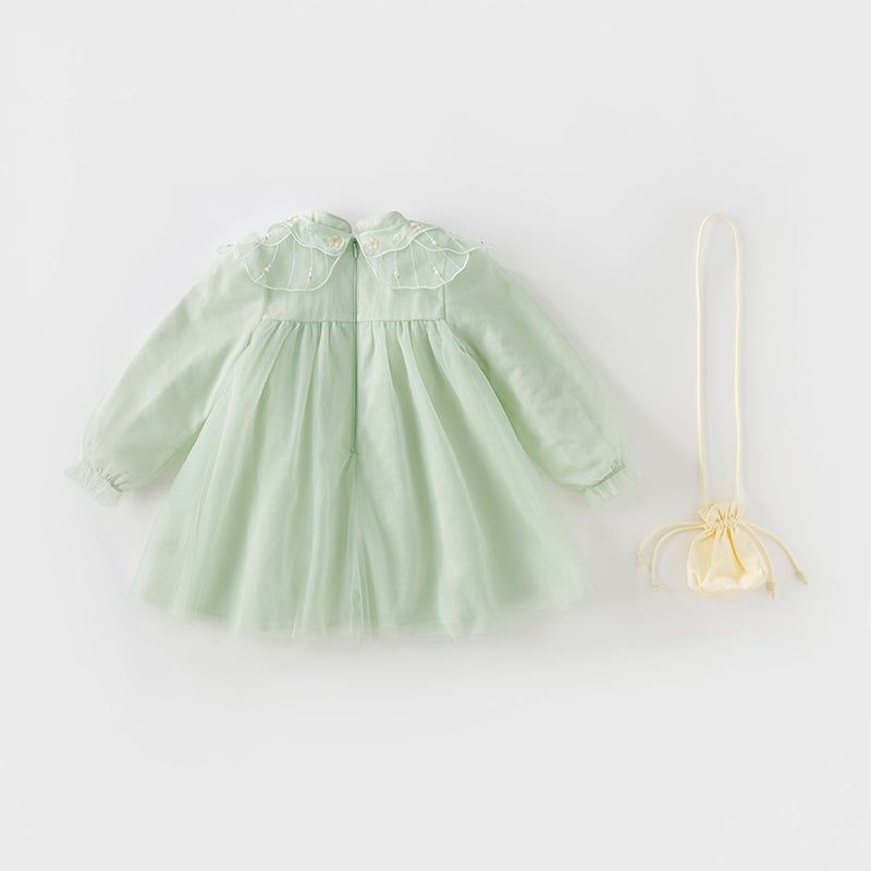 فستان بنات طويل الأكمام من التول باللون الأخضر بأسلوب صيني عصري