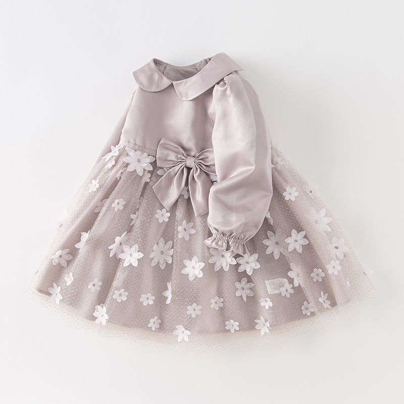 فستان بنات طويل الأكمام من التول باللون البنفسجي بأسلوب أميرة