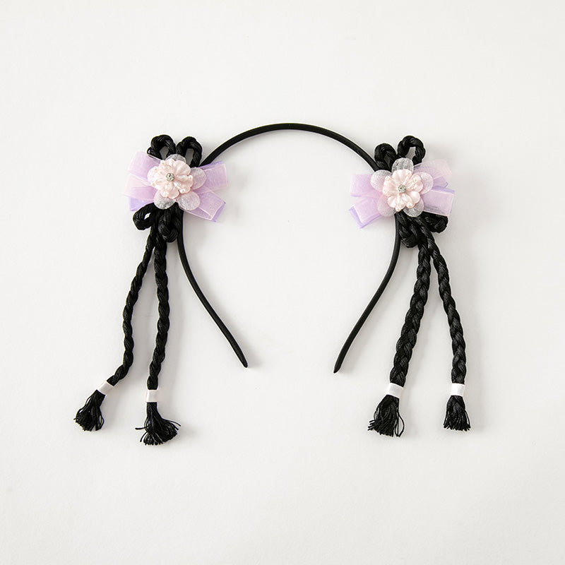 طوق شعر مضفر بأسلوب صيني تقليدي – ضفائر سوداء مع زهور بنفسجية وشرّابات للبنات