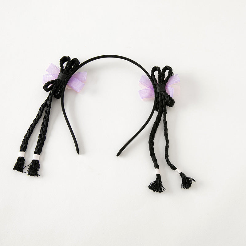 طوق شعر مضفر بأسلوب صيني تقليدي – ضفائر سوداء مع زهور بنفسجية وشرّابات للبنات