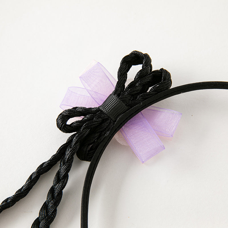 طوق شعر مضفر بأسلوب صيني تقليدي – ضفائر سوداء مع زهور بنفسجية وشرّابات للبنات