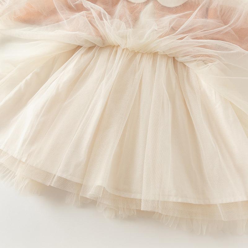 فستان بنات طويل الأكمام من قماش محبوك باللون الوردي البرتقالي مع تنورة تول بأسلوب أميرة