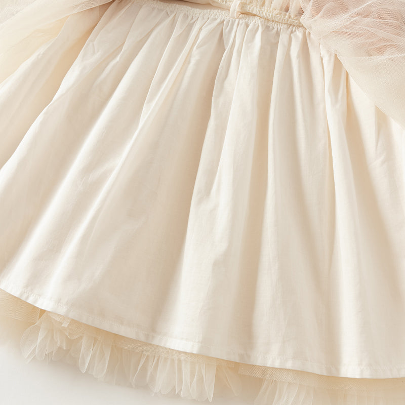 فستان بنات طويل الأكمام من قماش محبوك باللون الوردي البرتقالي مع تنورة تول بأسلوب أميرة