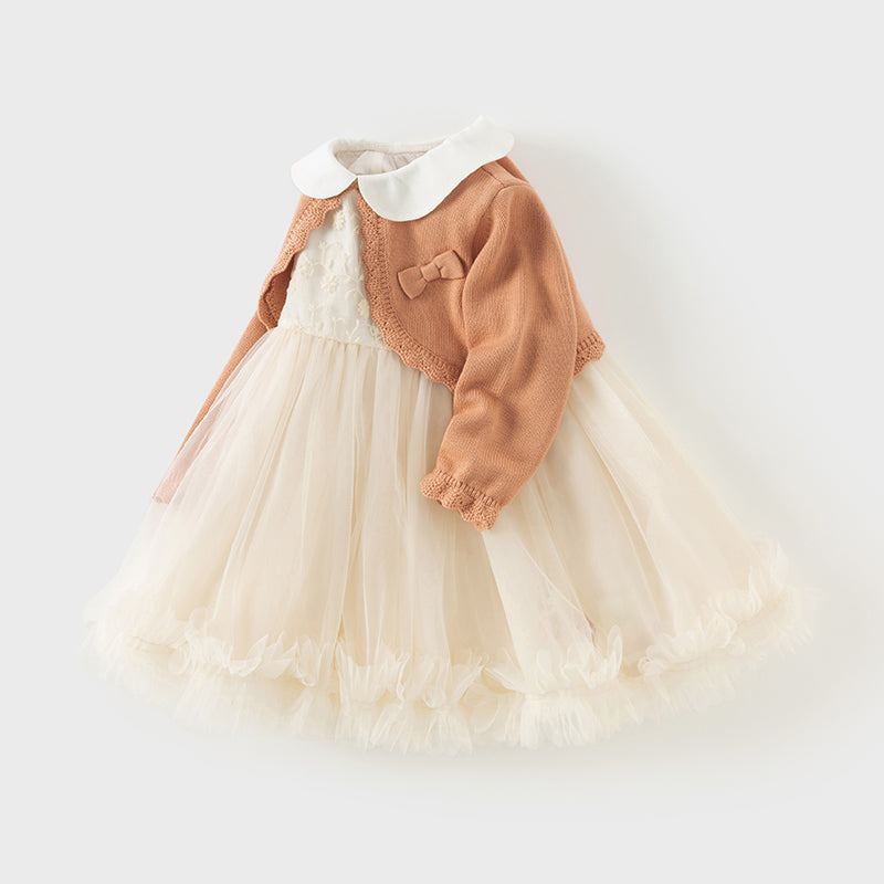 فستان بنات طويل الأكمام من قماش محبوك باللون الوردي البرتقالي مع تنورة تول بأسلوب أميرة