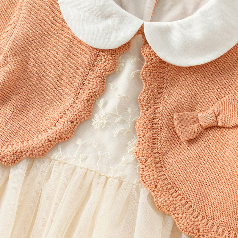 فستان بنات طويل الأكمام من قماش محبوك باللون الوردي البرتقالي مع تنورة تول بأسلوب أميرة