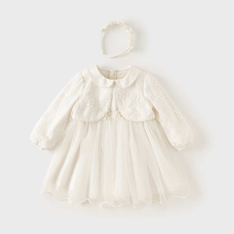 فستان بنات طويل الأكمام من التول باللون البيج بأسلوب أميرة مع تطريز فاخر