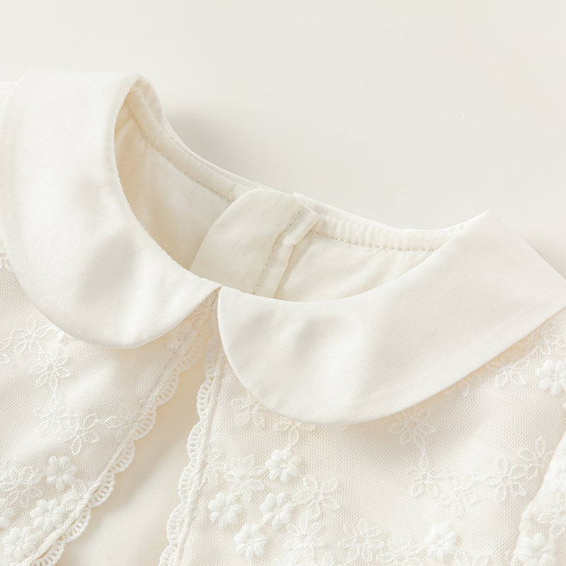 فستان بنات طويل الأكمام من التول باللون البيج بأسلوب أميرة مع تطريز فاخر