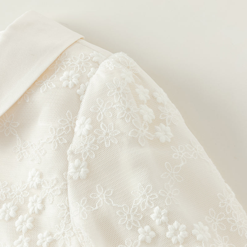 فستان بنات طويل الأكمام من التول باللون البيج بأسلوب أميرة مع تطريز فاخر