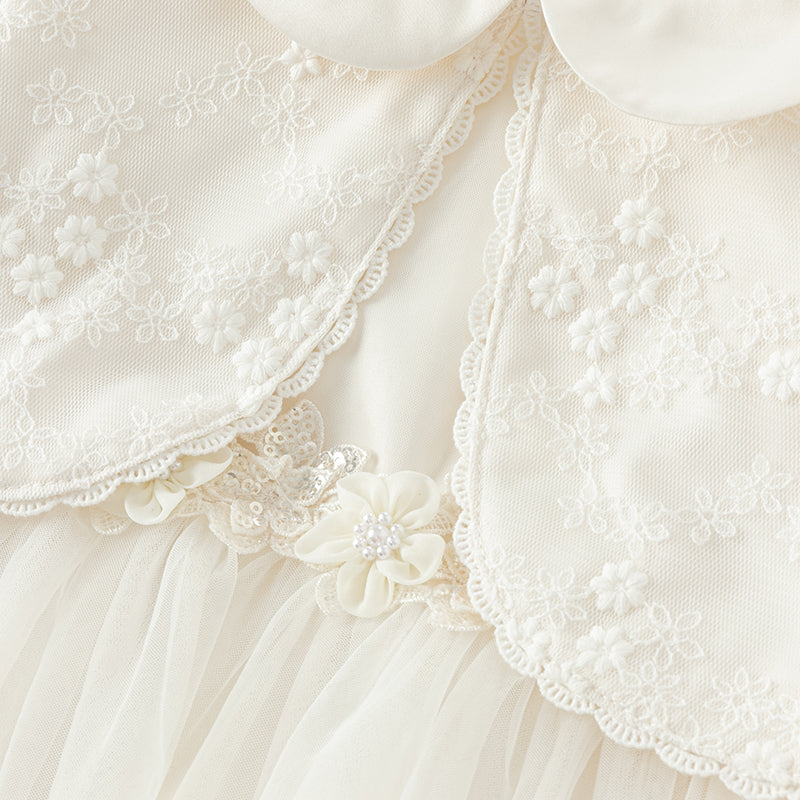 فستان بنات طويل الأكمام من التول باللون البيج بأسلوب أميرة مع تطريز فاخر